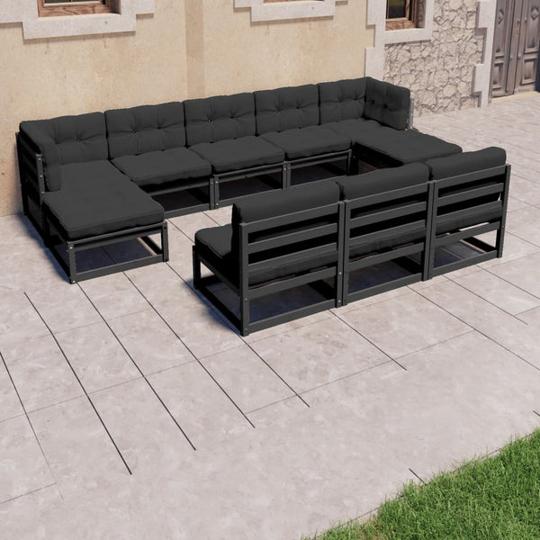 vidaXL Salon de jardin 8 pièces avec coussins Noir Bois de pin massif