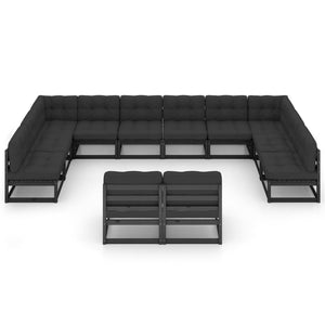 12-tlg. Garten-Lounge-Set mit Kissen Schwarz Massivholz Kiefer