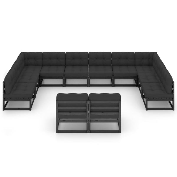12-tlg. Garten-Lounge-Set mit Kissen Schwarz Massivholz Kiefer