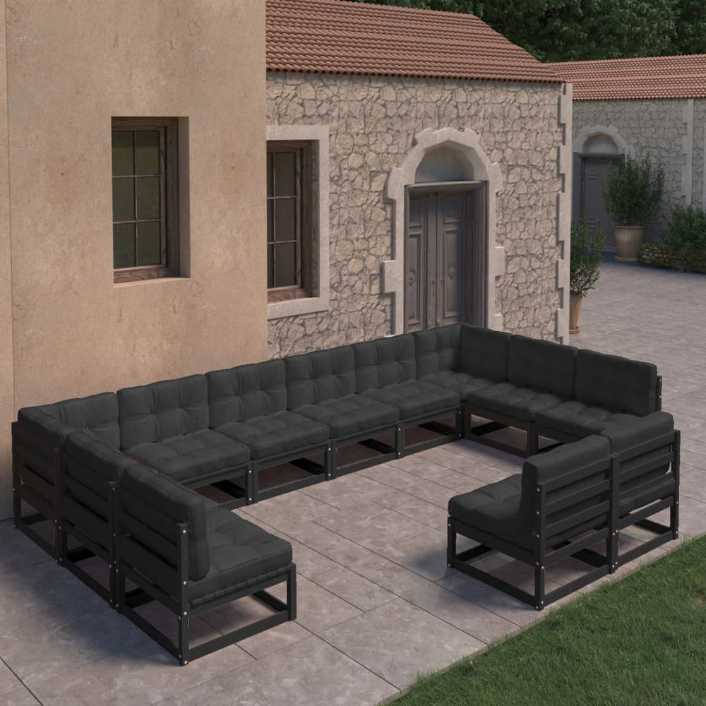 vidaXL Salon de jardin 12 pcs avec coussins Noir Bois de pin massif