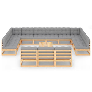 14-tlg. Garten-Lounge-Set mit Kissen Massivholz Kiefer