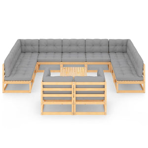 12-tlg. Garten-Lounge-Set mit Kissen Massivholz Kiefer