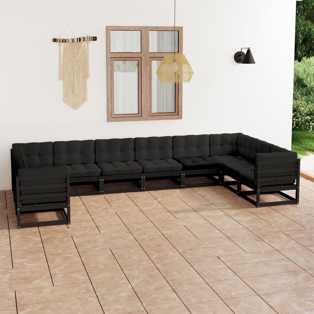 vidaXL Salon de jardin 10 pièces avec coussins Noir Bois de pin massif