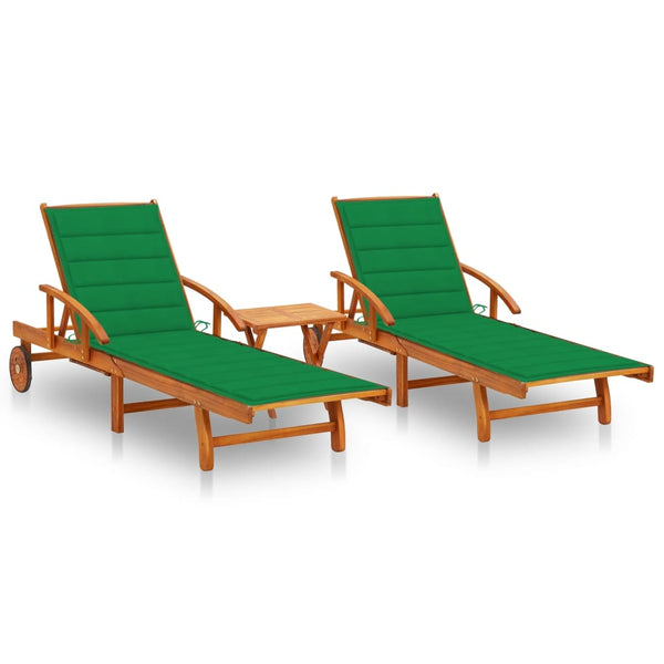 vidaXL Chaises longues 2 pcs avec table et coussins Bois d'acacia massif
