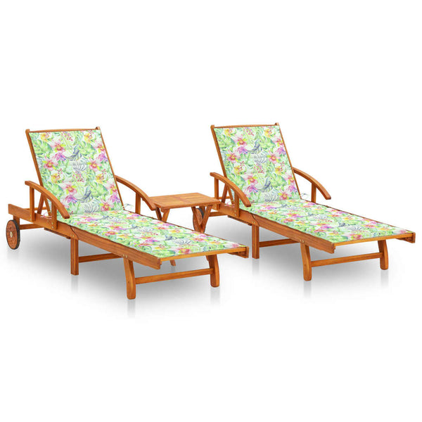 Sonnenliegen 2 Stk. mit Tisch und Auflagen Massivholz Akazie