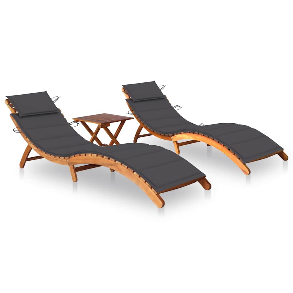 vidaXL Chaises longues 2 pcs avec table et coussins Bois d'acacia massif