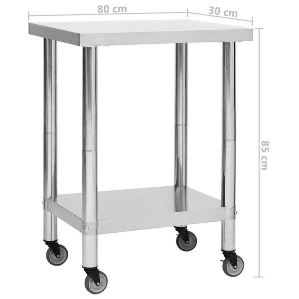 Edelstahl Küchenarbeitstisch mit Rollen 80x30x85 cm