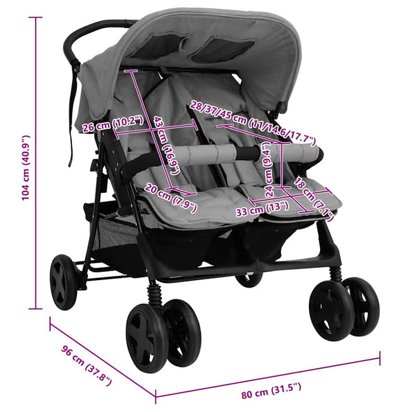 vidaXL Poussette double gris clair acier