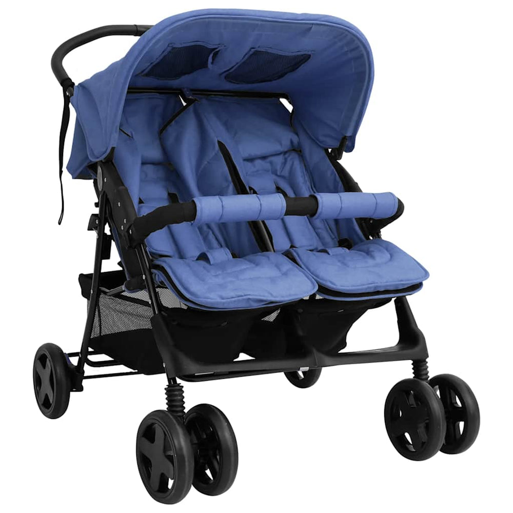 vidaXL Poussette double en acier bleu marine