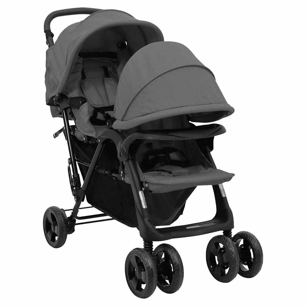 vidaXL Poussette double tandem gris foncé en acier