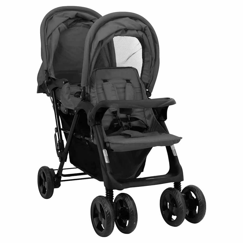 vidaXL Poussette double tandem gris foncé en acier