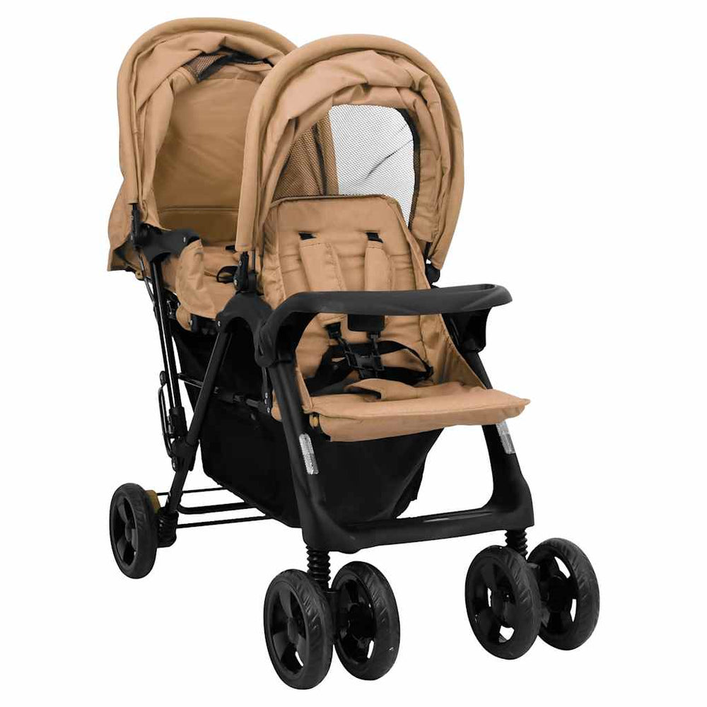 vidaXL Poussette double en tandem taupe en acier
