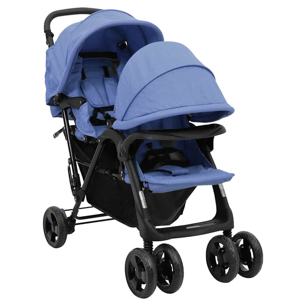 vidaXL Poussette double tandem bleu marine acier