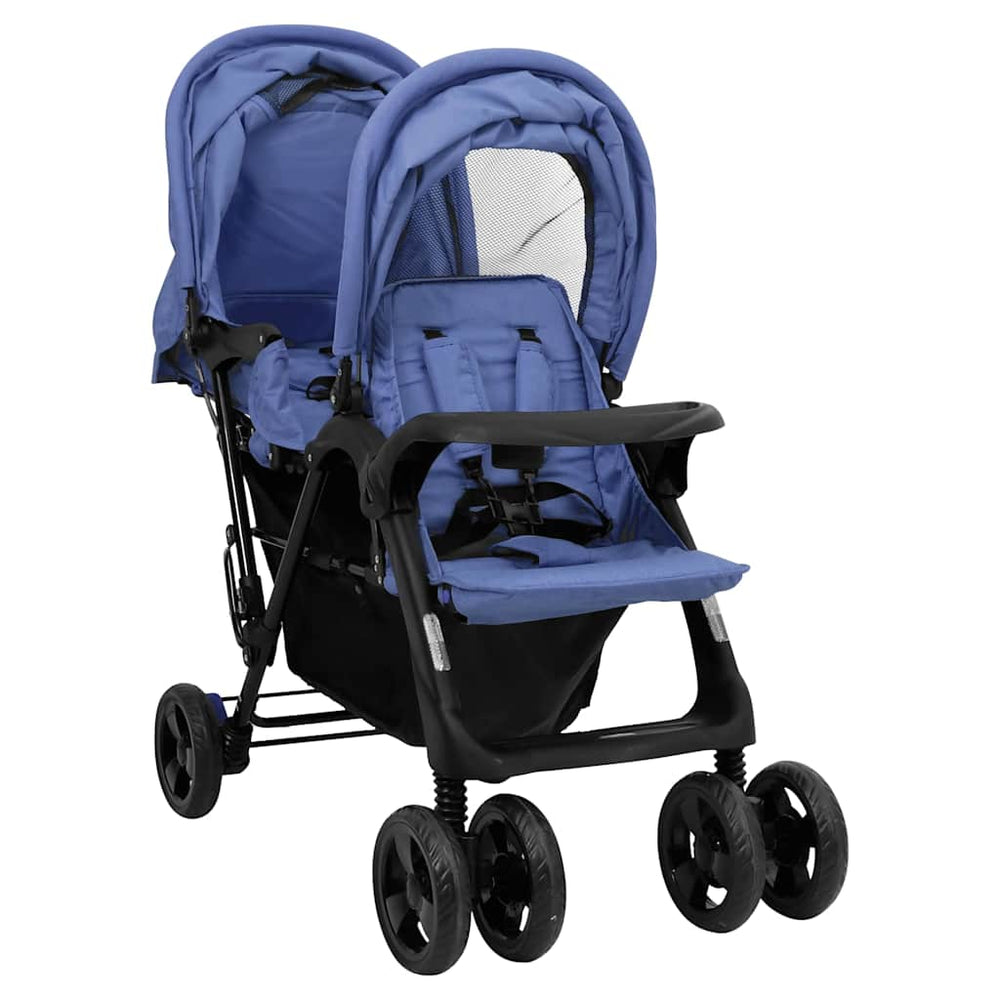 vidaXL Poussette double tandem bleu marine acier