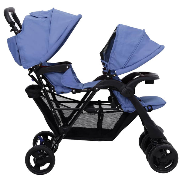 vidaXL Poussette double tandem bleu marine acier