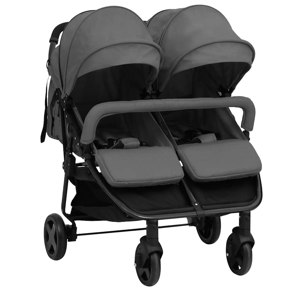 vidaXL Poussette double gris foncé et noir acier