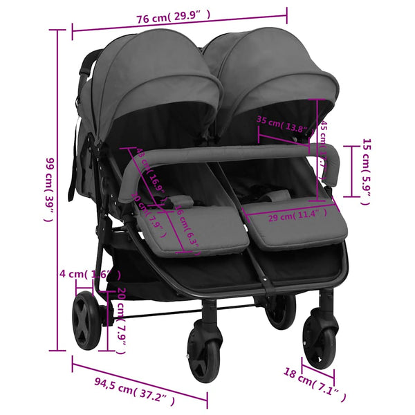 vidaXL Poussette double gris foncé et noir acier