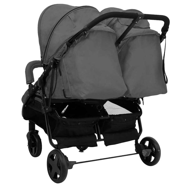 vidaXL Poussette double gris foncé et noir acier
