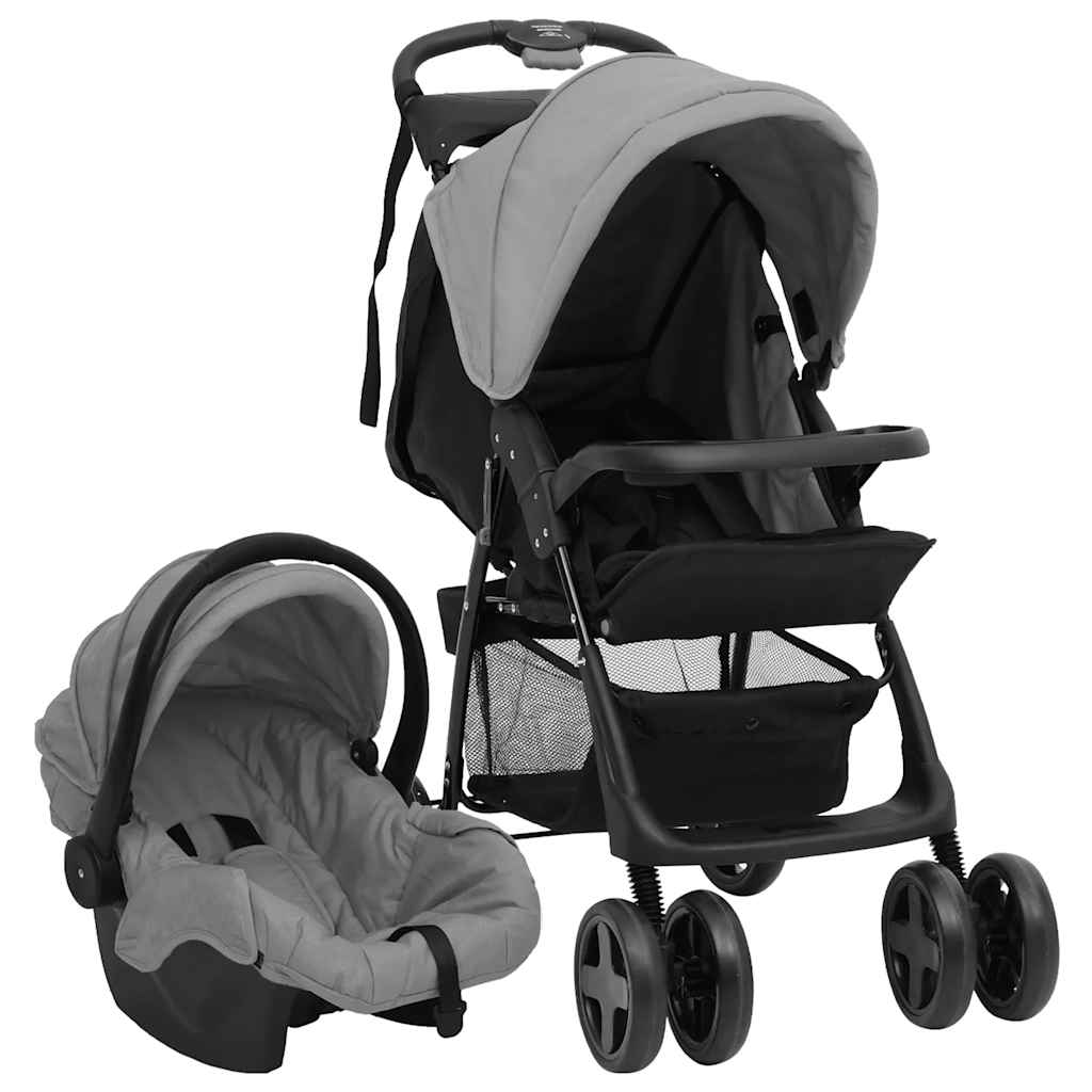 3-in-1 Kinderwagen Hellgrau & Schwarz