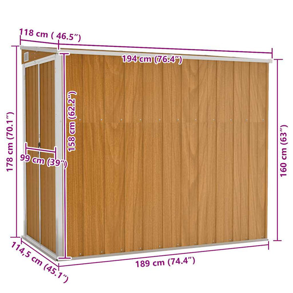 vidaXL Abri de jardin adossé marron 118x194x178 cm Acier galvanisé