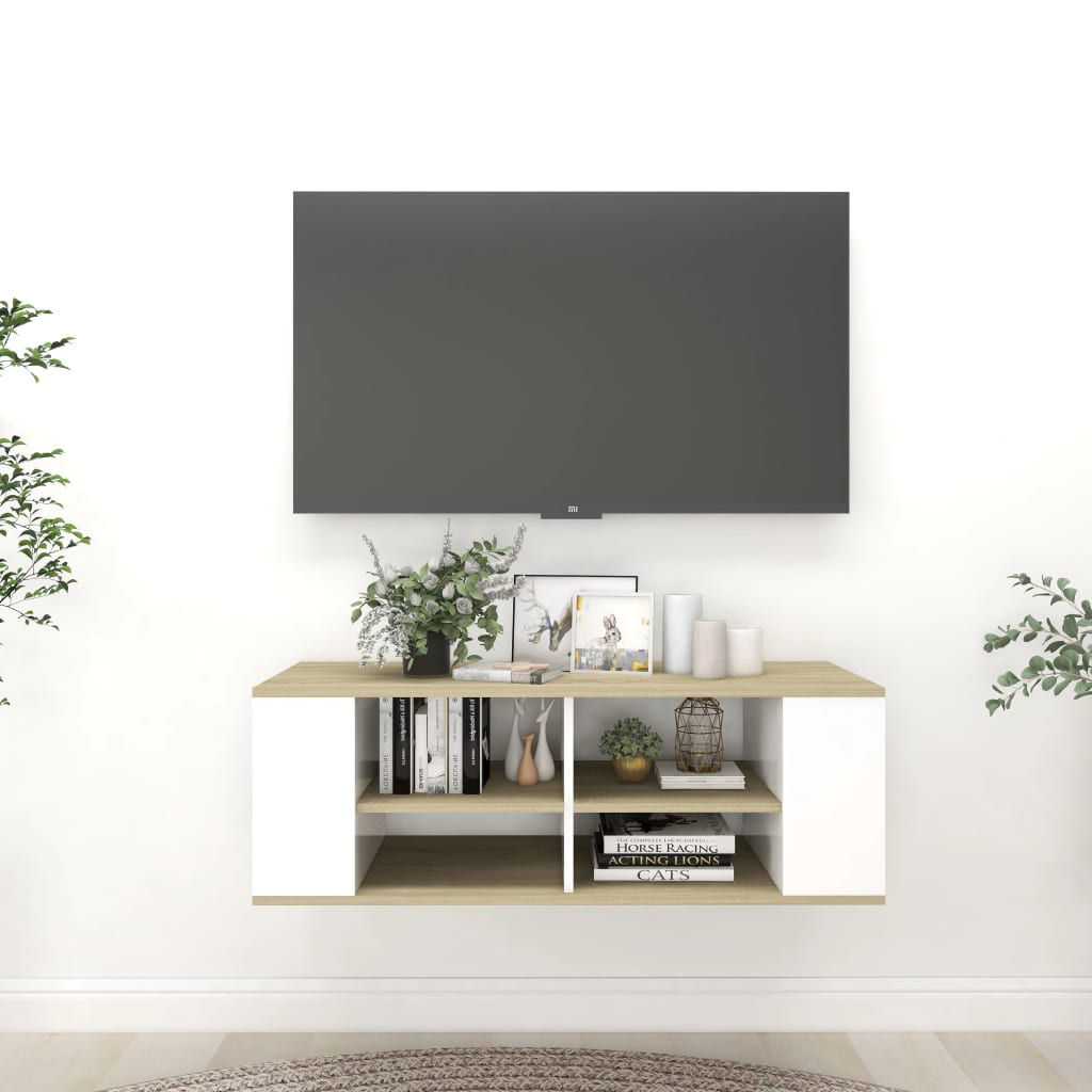 vidaXL Meuble TV mural Chêne Sonoma blanc 102 x 35 x 35 cm Bois d'ingénierie