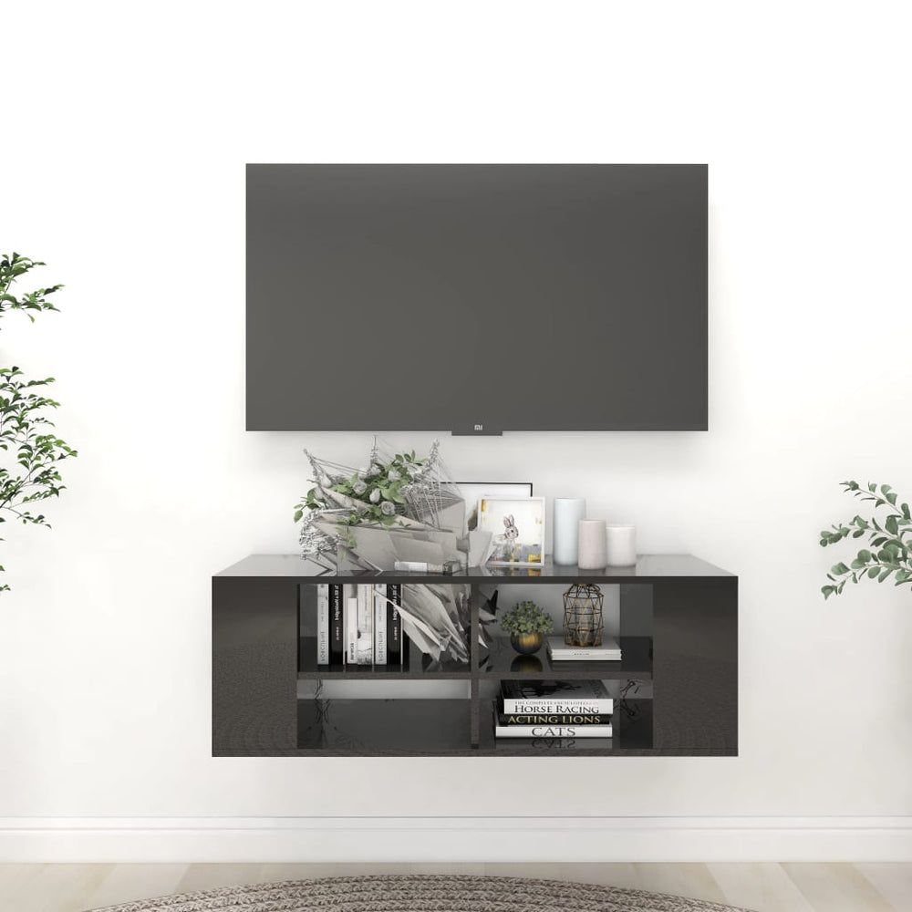 vidaXL Meuble TV mural noir brillant 102x35x35 cm Aggloméré