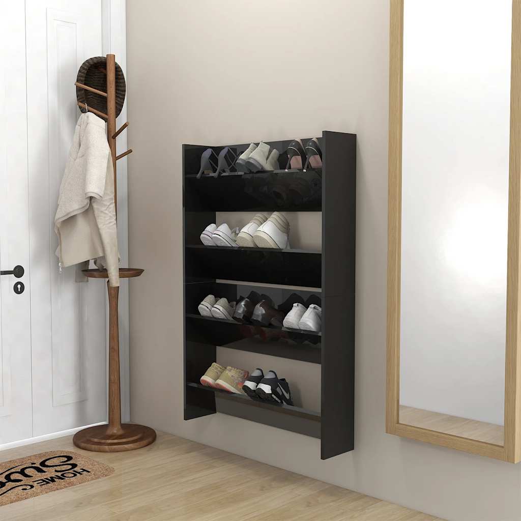 Wand Schuhschrank Schwarz Hochglanz, 2er Set