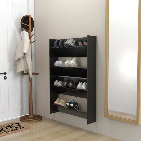 Wand Schuhschrank Schwarz Hochglanz, 2er Set