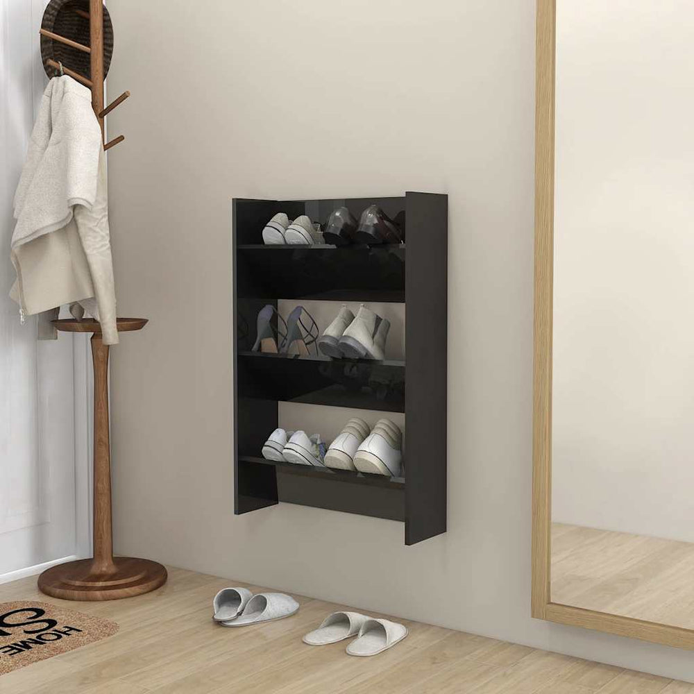 vidaXL Wall-Mounted Shoe Cabinet High Gloss Black 60x18x90 cm Engineered Wood