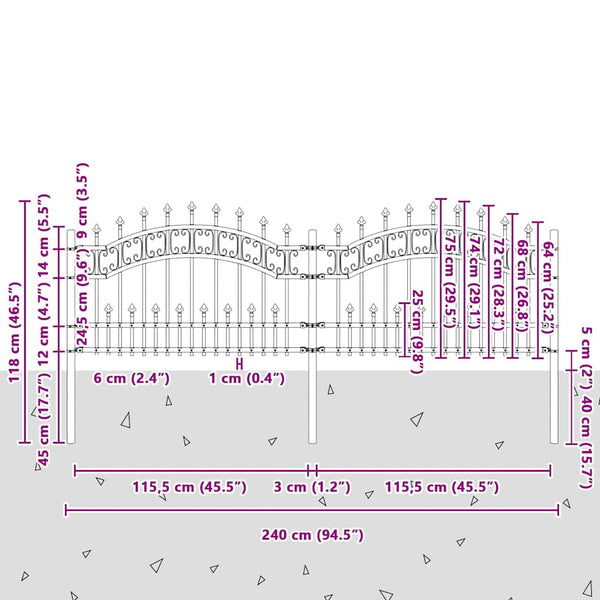 Gartenzaun KAMPEN mit Speerspitze Schwarz 240 x 75 cm Stahl
