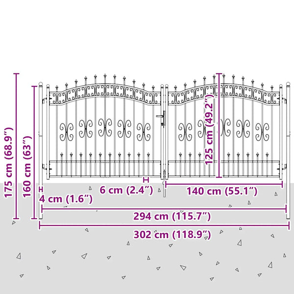Gartentor KAMPEN mit Speerspitze Schwarz 302 x 125 cm Stahl