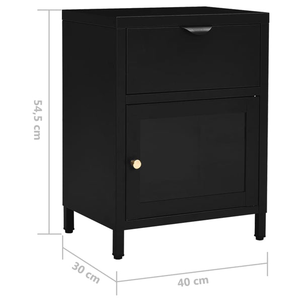 Schwarzer Nachttisch mit Schublade, Stahl/Glas