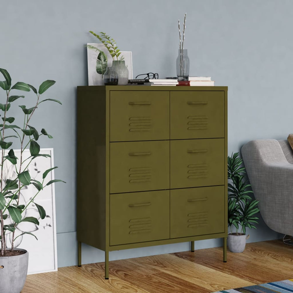 Olivgrüner Schubladenschrank aus Stahl
