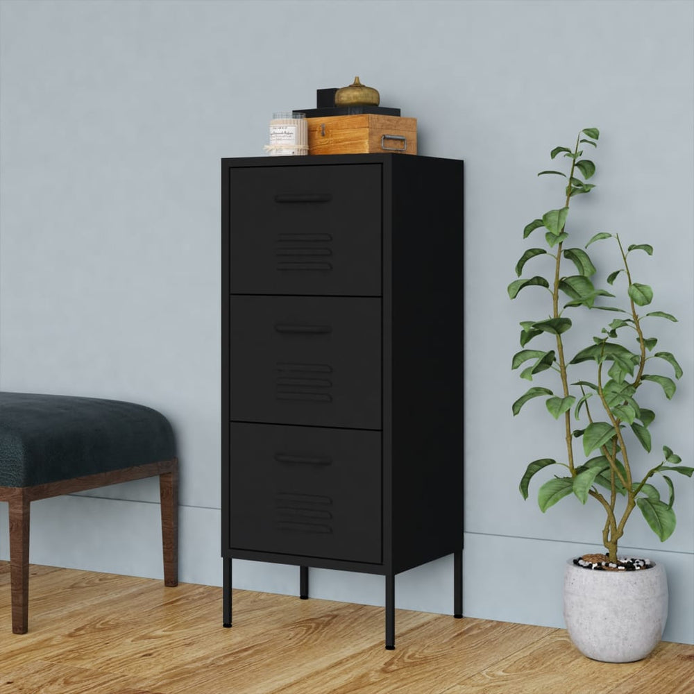 Schwarzer Stahlschrank mit Schubladen