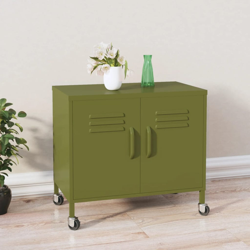 Olivgrüner Stahlschrank mit Rollen 60cm