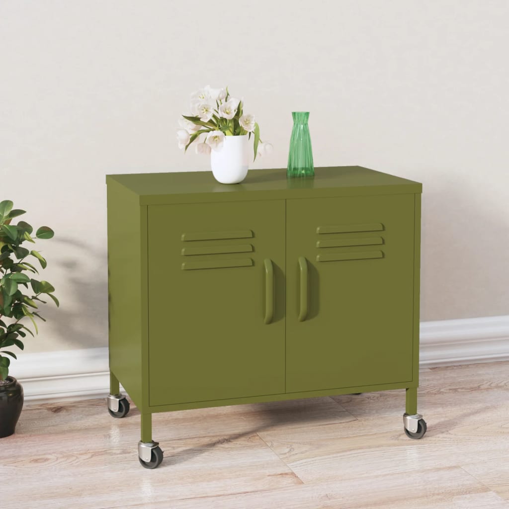 Olivgrüner Stahlschrank mit Rollen 60cm
