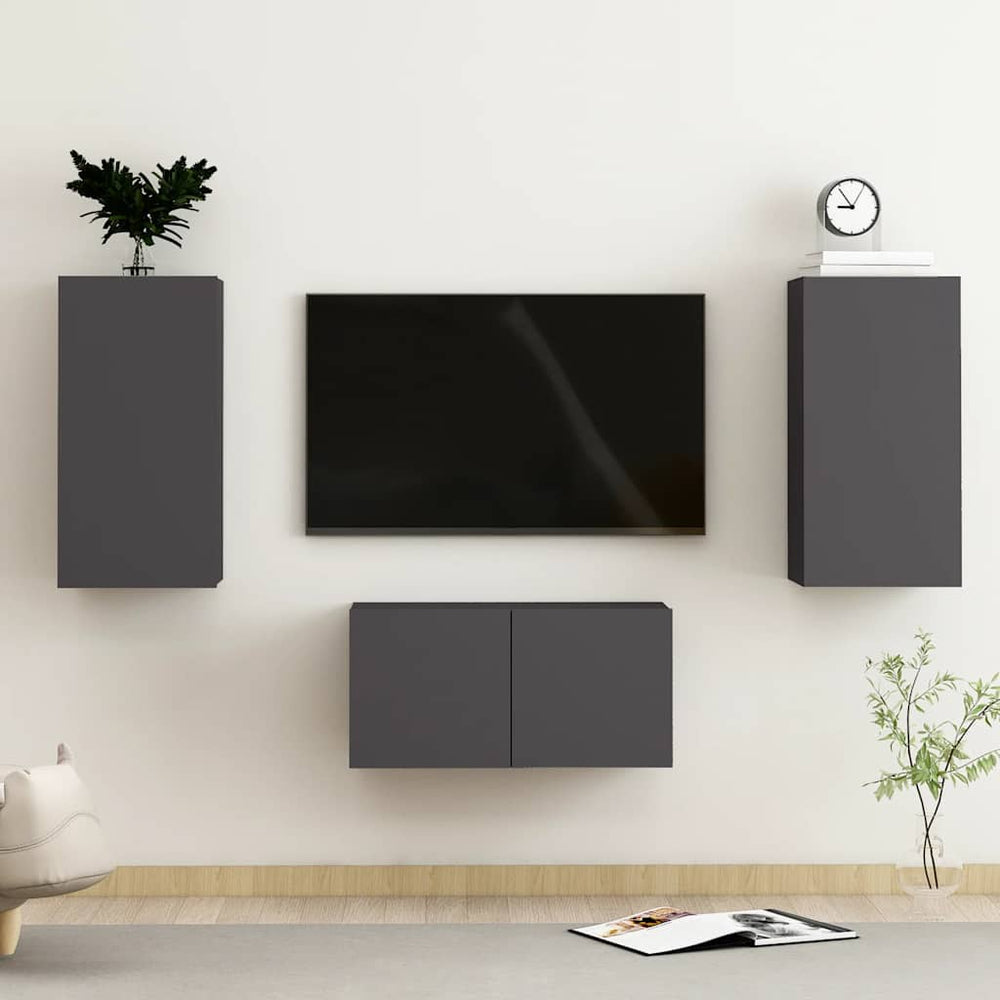 vidaXL Meuble TV, 3 pcs, gris, bois d'ingénierie