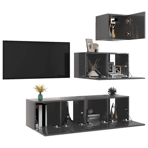 4-tlg. TV-Schrank-Set Hochglanz-Grau Holzwerkstoff