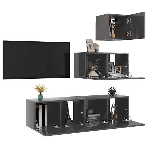 4-tlg. TV-Schrank-Set Hochglanz-Grau Holzwerkstoff