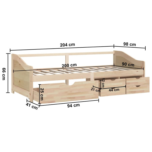 Tagesbett Kiefer Massivholz 90x200 cm mit Schubladen