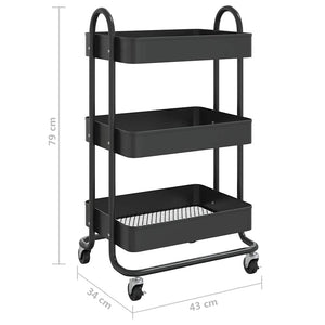 Schwarzer 3-Etagen-Stahlwagen 43x34x79 cm