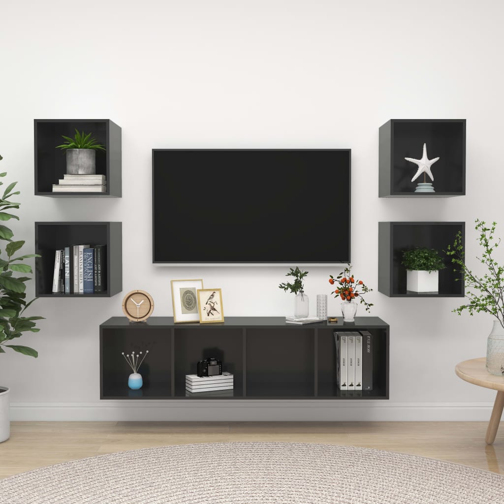 5-tlg. TV-Schrank-Set Hochglanz-Grau Holzwerkstoff