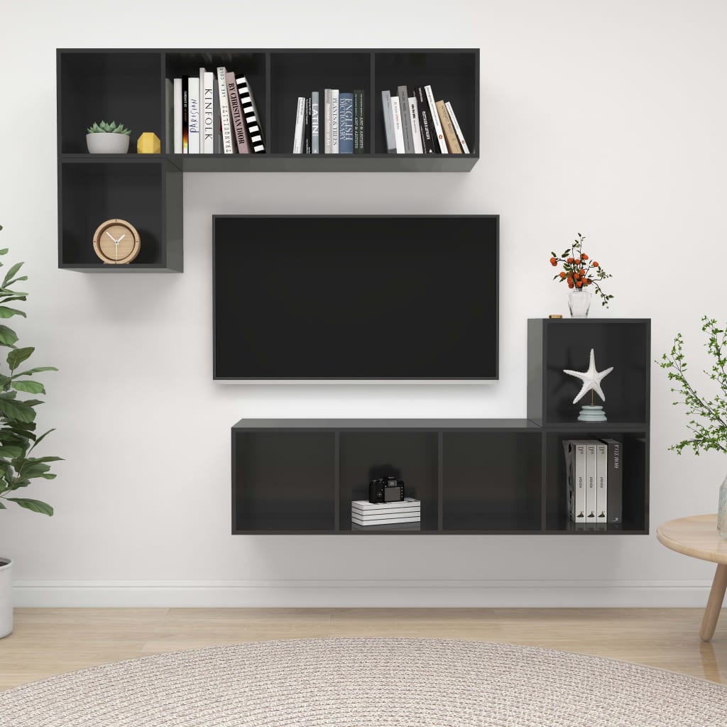 4-tlg. TV-Schrank-Set Hochglanz-Grau Holzwerkstoff