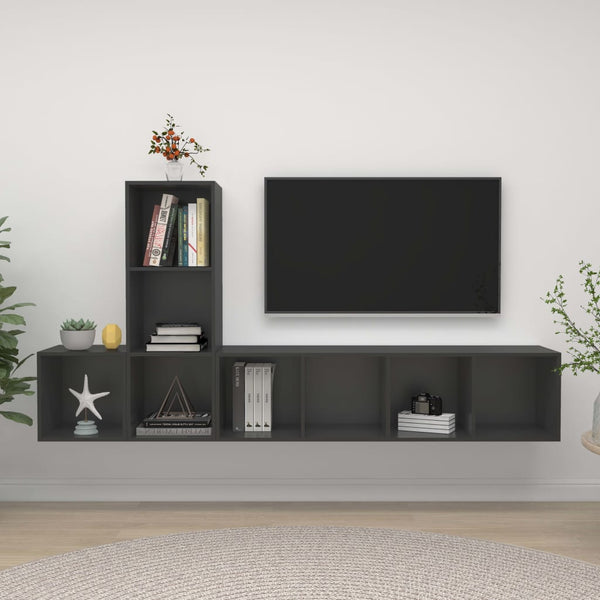 vidaXL Meuble TV, 3 pcs, gris, bois d'ingénierie