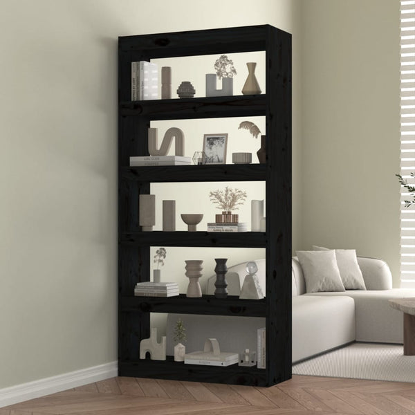 Schwarzes Kiefer Massivholz Bücherregal 80x30x167,4cm