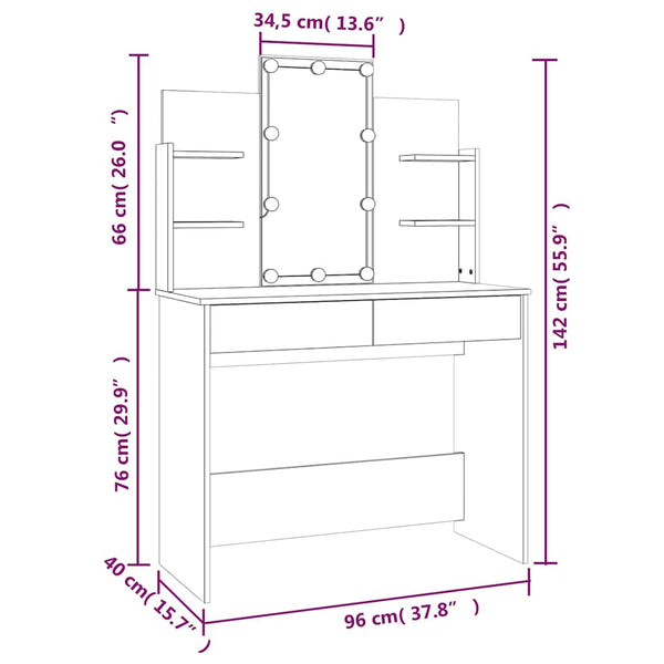 Schminktisch mit LED Betongrau 96x40x142 cm