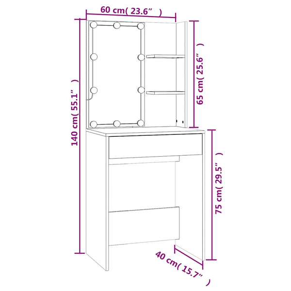 vidaXL Dressing Table with LED Sonoma Oak 60x40x140 cm