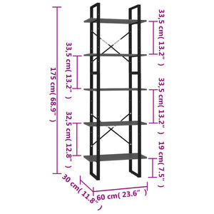 Bücherregal 5 Fächer Grau 60x30x175 cm Holzwerkstoff