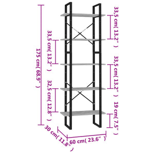 vidaXL Bibliothèque 5 étagères Gris béton 60x30x175 cm Bois d'ingénierie