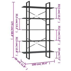 Bücherregal 5 Fächer Grau 100x30x175 cm Holzwerkstoff